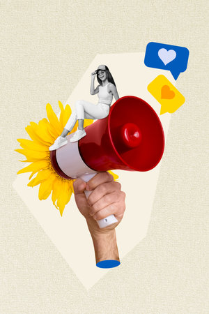 Template collage of little lady sit bullhorn advertising announce military russia conflict in ukraine ask for helpの写真素材