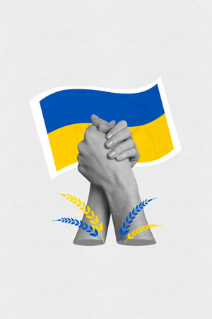 Poster banner activist collage of two people hands showing helping sign symbolize world global help for ukraine fight russia aggressionの写真素材