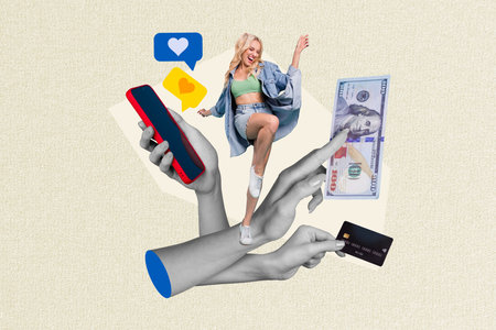 Template collage of happy woman achieve receive money from foreign partners using cellphone support ukraine conceptの写真素材