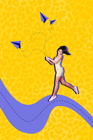 Vertical collage image of happy girl run use smart phone flying paper planes isolated on painted yellow backgroundの写真素材