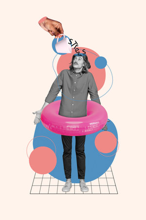 Collage of young stressed man wear inflatable circle head absurd cup portion problems hate summer...