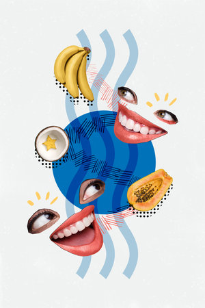 Poster banner creative unusual collage of human mouth eyes tourist enjoying summer season refreshment nonalcoholic fruit cocktailsの写真素材
