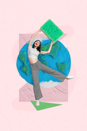 Creative illustration image collage artwork picture of funky crazy girl hold sponge care planet ecosystem isolated on drawing backgroundの写真素材