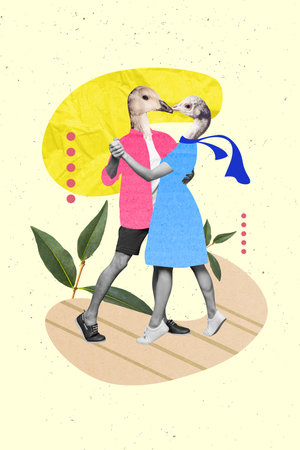 Vertical photo creative collage illustration of two animals birds mask couple dancing together freaks pigeons isolated on yellow backgroundの写真素材