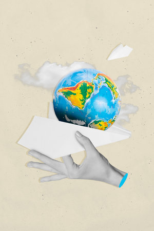 Vertical composite collage illustration of planet international worldwide plane flying agency travel...