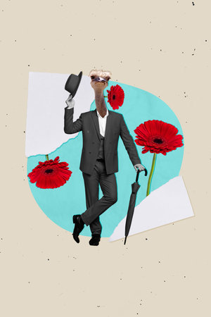 Invitation retro pop 3d picture collage sketch of unusual headless male person ostrich head celebrate festive event on grey backgroundの写真素材