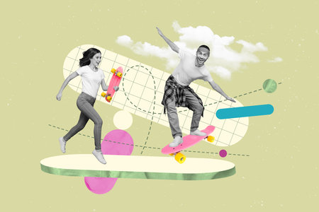 Placard collage photo of two young people summertime have fun riding skateboard man woman...