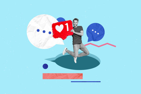 Photo placard blog concept collage famous influencer jumping sms notification much likes social...