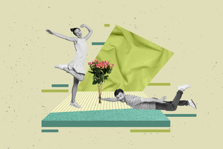 Collage of funny young boyfriend give girlfriend bouquet flowers gift international women day she celebrate isolated on green backgroundの写真素材