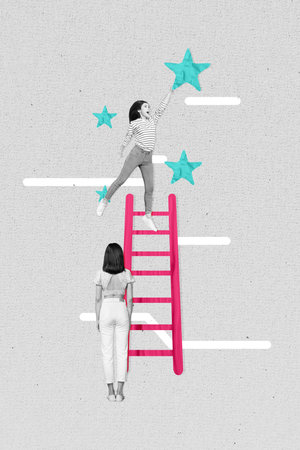 Vertical collage success girls reach height ladder motivation catching stars finance startup edtech project isolated on grey backgroundの写真素材