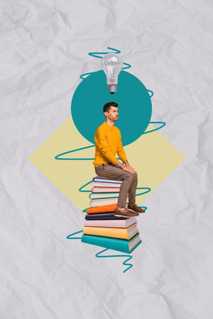 Vertical creative abstract photo collage of minded thoughtful deep thinking man sit on book lamp over head isolated white paper backgroundの写真素材