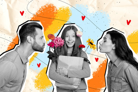 Poster banner 3d collage sketch image of smiling cute girl hold bag gift celebrate birthday greetings family party on drawing backgroundの写真素材