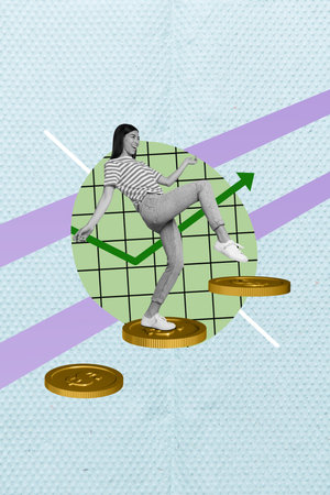Creative photo artwork collage of lucky lady getting success step by step isolated drawing...