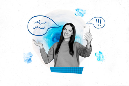 Template painting picture collage of lady vlogger have video call with blog follower demonstrate...
