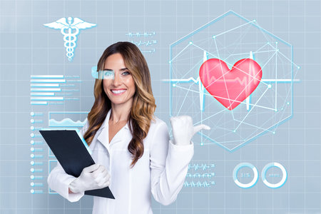 Digital web template advert collage of qualified physician advertise heart illness disease treatment using high tech equipmentの写真素材