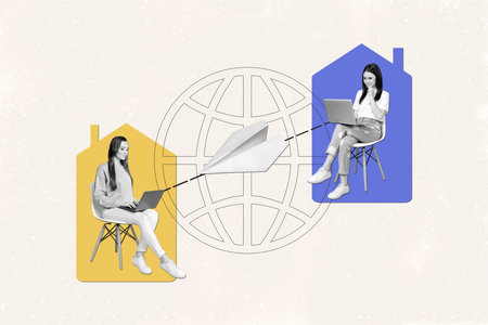 Collage global messenger international service for communicating remote chatting girls send email use laptops isolated on white backgroundの写真素材