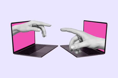 Poster banner collage of two human hands appear from netbook screen touch distant communication become near concept globalizationの写真素材