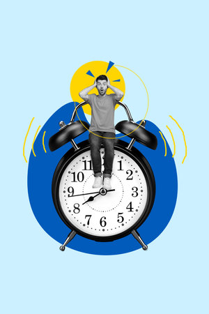 Creative photo picture collage of young man hands head puzzled forgot to wake up punctuality clock alert isolated on blue color backgroundの写真素材