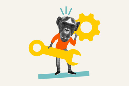 Cartoon comics collage picture of funky chimpanzee head guy holding working tools isolated beige color backgroundの写真素材