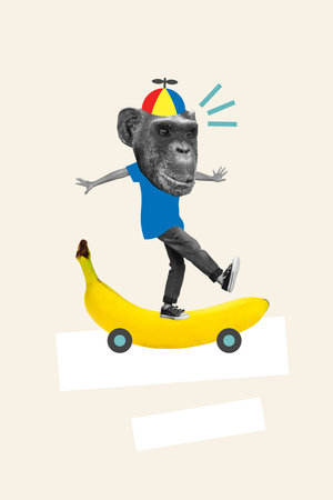 Collage graphics of funky chimp head boy riding banana board isolated painting beige color backgroundの写真素材