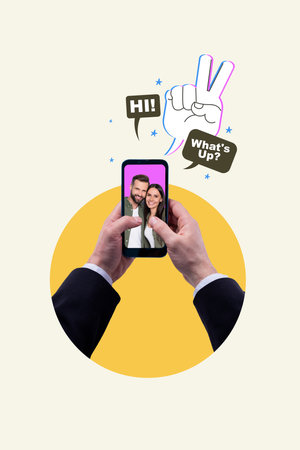 Abstract template collage image of arms chatting friends modern gadget isolated beige color backgroundの写真素材