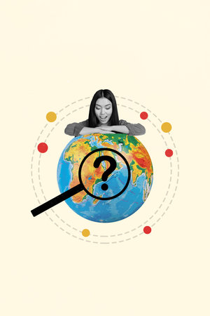 Vertical collage picture of excited black white effect girl look planet earth globe magnifier loupe question mark isolated on creative backgroundの写真素材