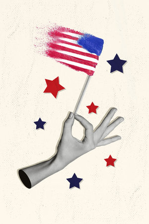 Vertical creative photo abstract collage of large arm fingers holding american flag announcing fourth of july isolated painted backgroundの写真素材