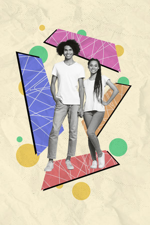 Vertical collage picture of black white gamma positive partners hold arms isolated on drawing paper backgroundの写真素材