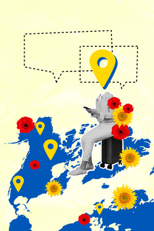 Collage artwork graphics picture of headless lady using abroad roaming internet traveling world isolated painting backgroundの写真素材