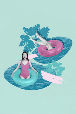 Vertical collage picture of astonished black white gamma girl legs swim inflatable ring drawing plant leaves isolated on teal backgroundの写真素材