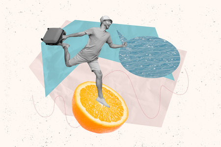 Creative collage image of mini black white effect guy hold suitcase run big orange fruit water dialogue bubble isolated on painted backgroundの写真素材