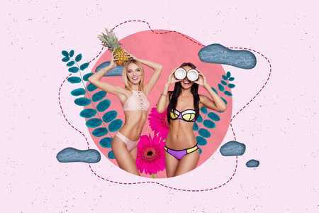 Collage image of two funky carefree girls hold pineapple coconut cover eyes plant leaves isolated on creative backgroundの写真素材