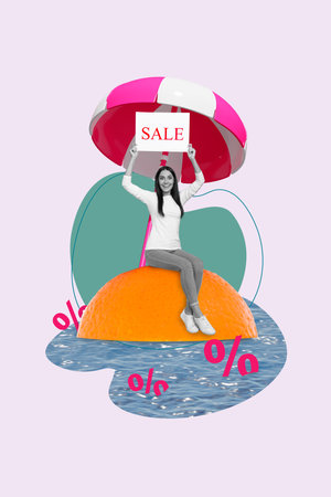 Creative surreal template collage of excited lady sitting half mandarin ripe showing advertise summer season sale promoの写真素材