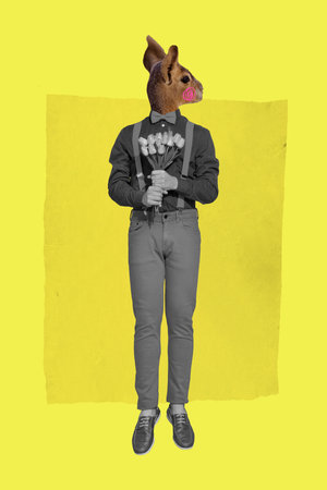 Photo cartoon comics sketch collage picture of funky guy kangaroo instead head holding flowers bunch isolated yellow color backgroundの写真素材