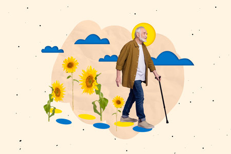 Collage 3d pinup pop retro sketch image of smiling man walking enjoying ukraine flowers isolated painting backgroundの写真素材