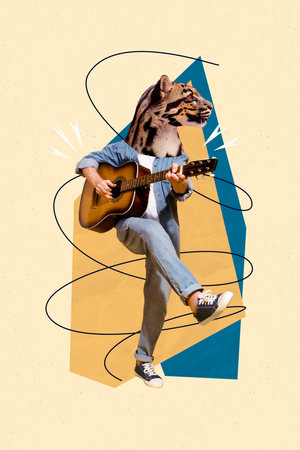 Vertical composite photo collage of weird headless guitarist animal instead of head dancing play song isolated yellow color backgroundの写真素材