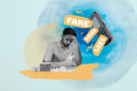 Creative composite abstract photo collage of sad unhappy dissatisfied man hear bad fake news from...