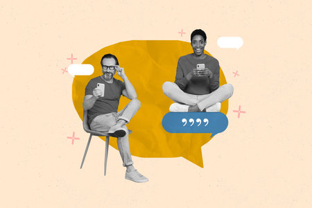 Collage photo of two young colleagues texting each other communicating messenger for corporate users...