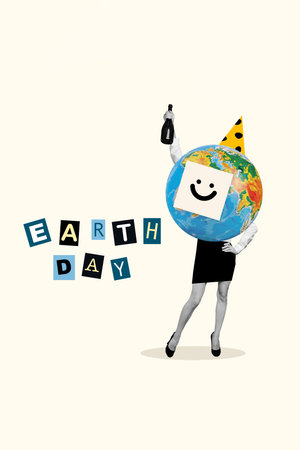 Exclusive magazine picture sketch collage image of funny lady globe head celebrating earth day isolated beige color backgroundの写真素材