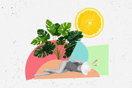 Retro abstract artwork template collage of sexy slim lady tanning beach isolated painting backgroundの写真素材