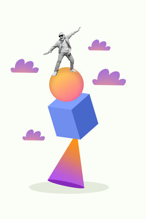 Photo collage artwork minimal picture of funky carefree senior guy having fun dancing 3d figures isolated graphical backgroundの写真素材