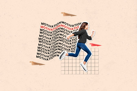 Collage picture of determined cheerful mini girl run flying paper plane motivation isolated on painted beige backgroundの写真素材