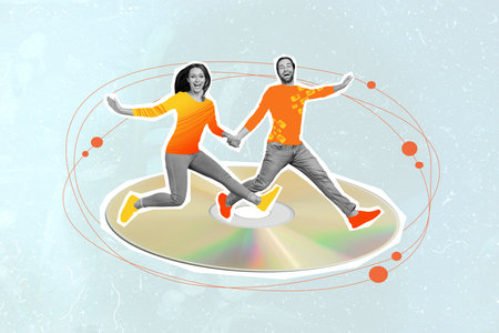 Collage picture of two excited partners hold arms jumping run big cd disc isolated on painted...