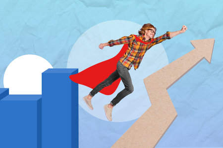 Artwork magazine collage picture of purposeful funky guy flying achieving success isolated drawing backgroundの写真素材