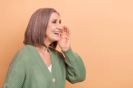 Profile photo of old grandmother saying secrets about politics her friends look empty space news...