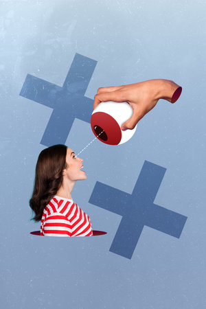 Vertical collage image of arm hold big watching eye connection positive amazed girl isolated on creative backgroundの写真素材