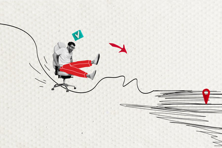 Photo collage artwork of funky excited guy rising office chair achieving aim isolated creative backgroundの写真素材