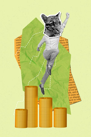 Collage retro artwork of purposeful wild cat head guy winning money isolated green color backgroundの写真素材
