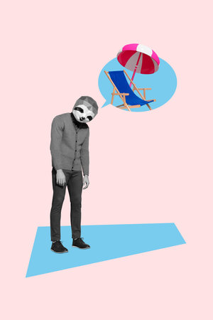 Vertical collage picture of black white effect unsatisfied guy sloth head mind bubble sun parasol lounger isolated on creative backgroundの写真素材