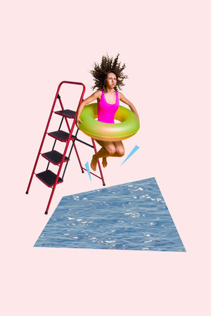 Vertical collage image of carefree girl climb ladder jumping water inflatable ring isolated on creative summer backgroundの写真素材